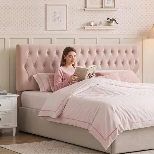 Vista 13 de Kingfun Cabecera capitonada tapizada para cama de tamaño completo con diseño moderno de botones, cabecera ajustable de madera maciza, cabeceros Rosa