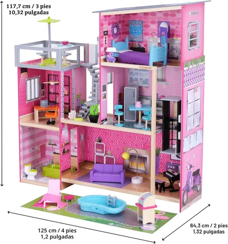 Vista 2 de KidKraft Casa de ciudad para muñecas con muebles para niñas Over 3 Feet Tall Pink Mansion Doll House, Working Elevator, Rooftop Patio, For Dolls