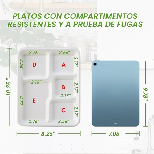 Vista 5 de Vplus Platos 100% compostables con 5 compartimentos, paquete de 125 platos ecológicos desechables de caña de azúcar de 10 x 8 pulgadas, bandeja