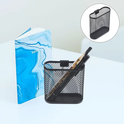 Vista 5 de Organizador de escritorio de metal con forma ovalada de malla negra para almacenamiento de artículos de papelería de oficina, 3.93 x 3.54 x 1.37