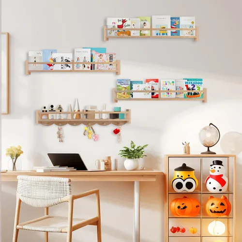 Vista 4 de Estantes para libros de guardería de 34 pulgadas montados en la pared, estante flotante para libros para niños con 6 ganchos, estante colgante