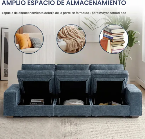 Vista 3 de TEKAMON Sofá modular de 100 pulgadas con almacenamiento en los asientos, cómodo sofá de tela de felpilla de 3 plazas para sala de estar, oficina Azul