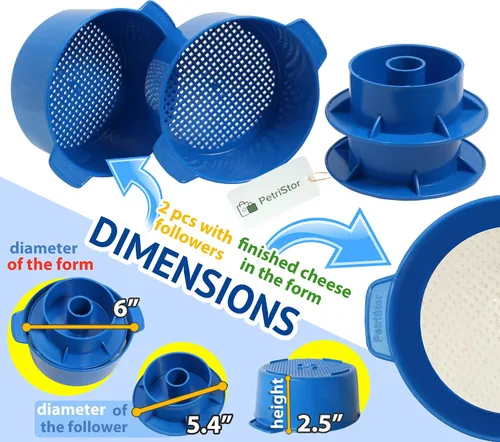 Vista 3 de PetriStor Kit de fabricación de quesos – 2 piezas de molde de queso con un pistón seguidor azul y gasa de algodón – Cesta para hacer queso – Paneer