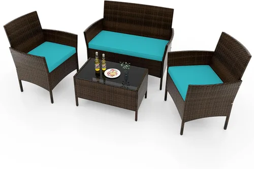 Vista 12 de RELAX4LIFE Juego de muebles de patio de 4 piezas – Juego de muebles de ratán para conversación al aire libre con cojines, mesa de centro de cristal