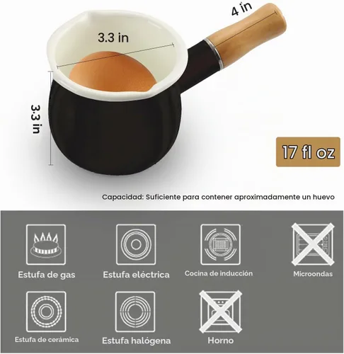 Vista 3 de Mini Olla de Leche Esmaltada de 0.6 Cuartos con Mango de Madera Aislado, 2 Picos Vertedores, Calentador de Alimentos Pequeño, Cacerola Bonita