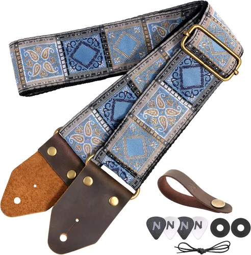 Vista 25 de Nefelibata Correa de guitarra, correas de guitarra de algodón bordado jacquard con extremos de cuero de caballo loco para bajo, eléctrico