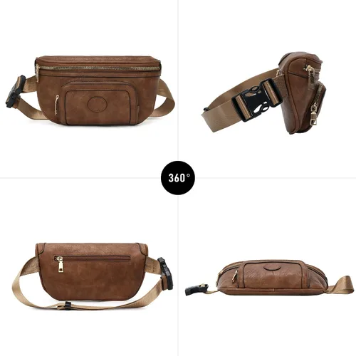 Vista 6 de Chinllo Riñonera para mujer, bolsa cruzada de moda para cinturón de cuero vegano con correa ajustable, Café, Moda