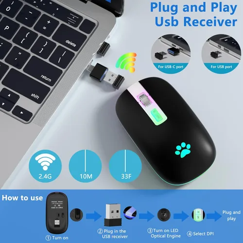 Vista 4 de KARFUN Ratón inalámbrico, ratón de computadora delgado portátil con retroiluminación LED para portátil, PC, computadora, MacBook, iPad, Chromebook