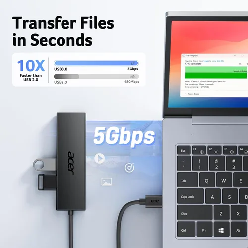 Vista 3 de Acer Hub USB 4 Puertos, Hub USB 3.0 Múltiple, Divisor USBA para Laptop con Puerto de Alimentación Tipo C, Extensor para Laptop de Puerto A, PC