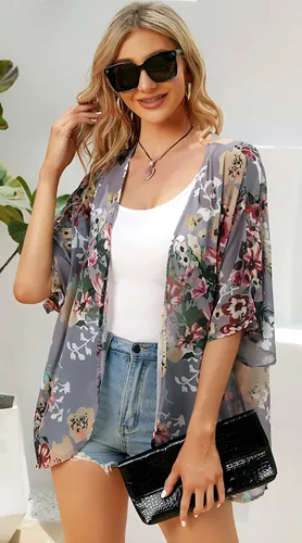 Vista 3 de Cárdigan tipo kimono para mujer, de manga abombada con estampado floral, casual