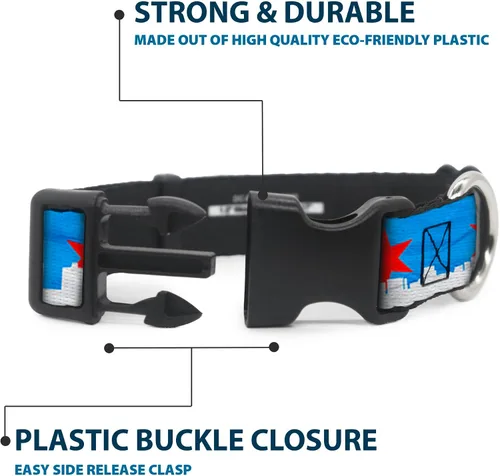 Vista 4 de Buckle-Down Collar de clip de plástico, diseño de Chicago Skyline/Flag Distressed Black/White/Red – 1 pulgada de ancho – Se adapta a cuello de 9 a