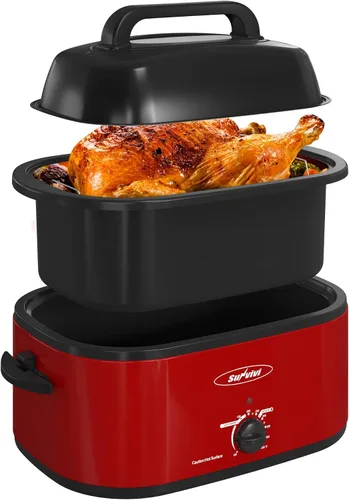 Vista 9 de Sunvivi Horno Asador Eléctrico de 22 Cuartos para Pavo con Tapa, Asadores Eléctricos con Bandeja Extraíble, Asador Grande, Tapa Visible