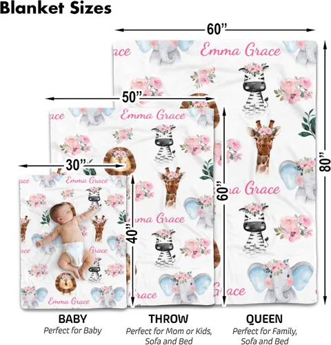 Vista 2 de Kingdora Manta de bebé personalizada con animales – Zoológico, selva, bosque y temática floral – Personalizada, Niñas