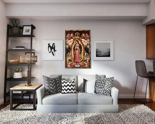 Vista 2 de DVDMATINEMOVIES - Pintura al óleo divina de Nuestra Señora de Guadalupe, marco rústico de madera especial de 24 x 36 pulgadas, arte de la Virgen