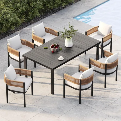 Vista 26 de Juego de comedor al aire libre Grand Patio de 5 piezas para 4, sillas de patio fijas de mimbre tejido metálico con cojines engrosados y 1 mesa