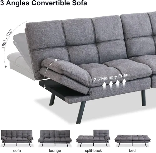 Vista 3 de Maxspeed Sofá cama tipo futón, sofá cama convertible moderno con reposabrazos ajustables para estudio, apartamento, oficina, sala compacta