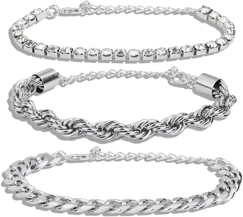 Vista 6 de Octwine Juego de pulseras de diamantes de imitación de moda para mujer, oro y plata, con colgante grueso, cadena apilable, brazalete ajustable