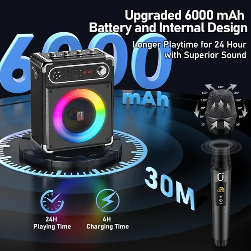 Vista 6 de Máquina de karaoke con 2 micrófonos inalámbricos, woofer mejorado de 6.5 pulgadas y tweeter de 2 pulgadas: altavoz de karaoke portátil Bluetooth