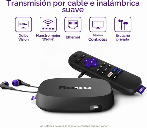 Vista 3 de Roku Dispositivo de transmisión Ultra LT 4K/HDR/Dolby Vision/Wi-Fi de doble banda con control remoto de voz Roku y cable HDMI, con cable