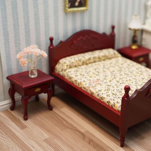 Vista 6 de Muebles en miniatura para casa de muñecas, cama de madera con tela, colchón y almohada, escala 1/12, decoración de muebles para casa de muñecas