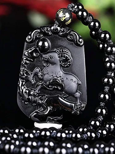 Vista 3 de Collar de animales de zodiaco chino con cuentas de obsidiana natural con cadena de cuentas ajustable, Obsidiana, Obsidiana