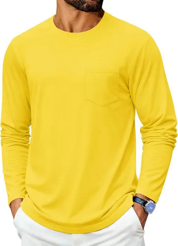 Vista 14 de Cotrasen Camisetas de manga larga para hombre de algodón con cuello redondo, camisetas T con bolsillo que absorben la humedad, suaves, cómodas