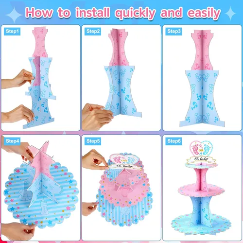 Vista 4 de Decoración de soporte para cupcakes para fiesta de revelación de género, azul y rosa de 3 niveles para baby shower, suministros de cartón para niños
