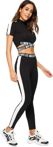 Vista 4 de SweatyRocks Conjunto deportivo de 2 piezas para mujer camiseta corta y pantalones largos