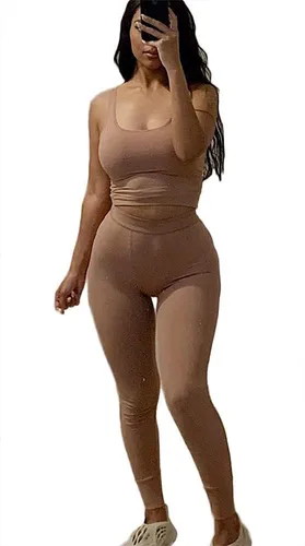 Vista 3 de Dobrila Conjunto de entrenamiento casual para mujer, 2 piezas, camiseta sin mangas acanalada, cintura alta, traje de gimnasio, leggings de yoga