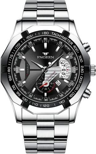 Vista 9 de Paquete de 4 relojes de acero inoxidable para hombre, impermeable, fecha, luminoso, esfera grande, oro, plata, negro, azul, vestido de negocios