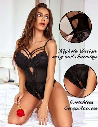 Vista 5 de Avidlove Body de lencería con arnés de encaje floral para mujer, camisón de una pieza