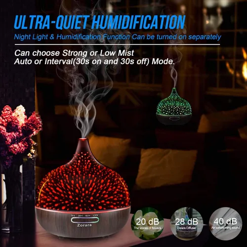 Vista 3 de Difusor de aceite esencial de 18.6 fl oz, humidificador de niebla fría de vidrio 3D, humidificador ultrasónico de aromaterapia con 7 luces LED que