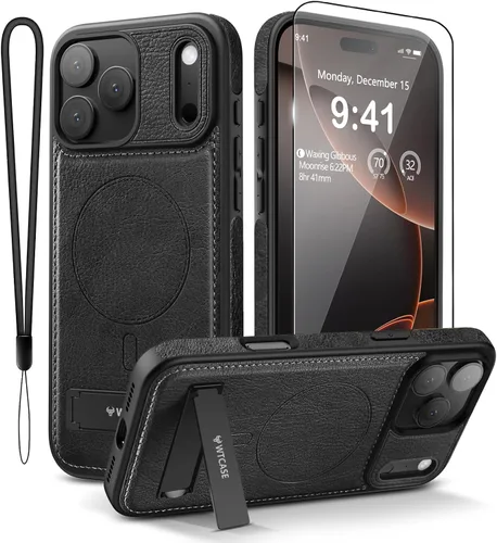 Vista 20 de WTCASE Funda magnética de piel para iPhone 17 Pro, soporte invisible integrado [compatible con Magsafe], funda protectora delgada con función atril