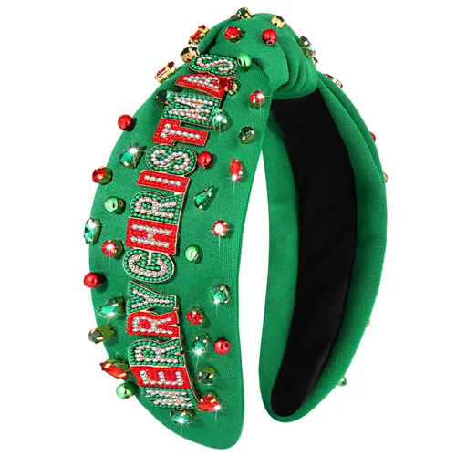 Vista 26 de Diadema de Navidad para mujer, accesorios de Navidad con cuentas, arco de Navidad, árbol, copo de nieve, diadema anudada HOHOHO, rojo y verde, perla