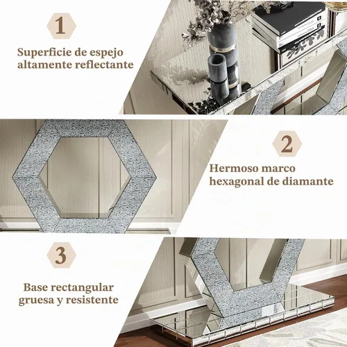 Vista 4 de Mesa consola con espejo de 55 pulgadas, mesa larga para sofá de sala de estar, oficina, detalles de cristal de diseño hexagonal, moderno escritorio