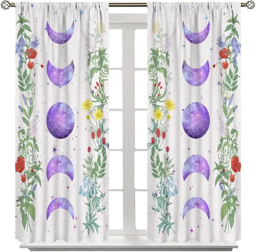 Vista 7 de Cortinas opacas con diseño de luna y flores silvestres para cocina, cortinas opacas de acuarela floral con flores silvestres iluminadas por la luna