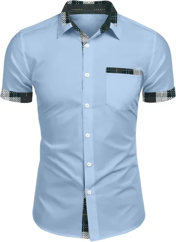 Vista 10 de RTRDE Men's Button Down Shirts Short Sleeve Plaid Print Summer Beach Wedding Vacation Dress Shirts, M-4XL