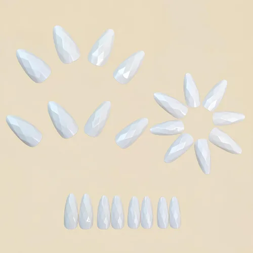 Vista 4 de Uñas postizas a presión medianas con diseño geométrico blanco almendra – 24 uñas postizas reutilizables de ABS brillante, fácil de aplicar, juego