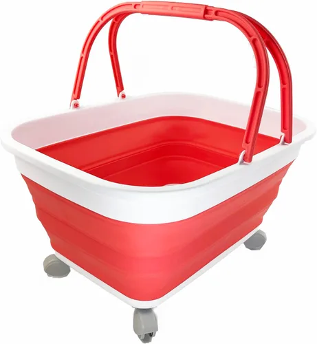 Vista 8 de SAMMART Cesta de plástico plegable de 26 litros (6.8 galones) con asa y ruedas, contenedor de almacenamiento plegable con asa y ruedas, bañera