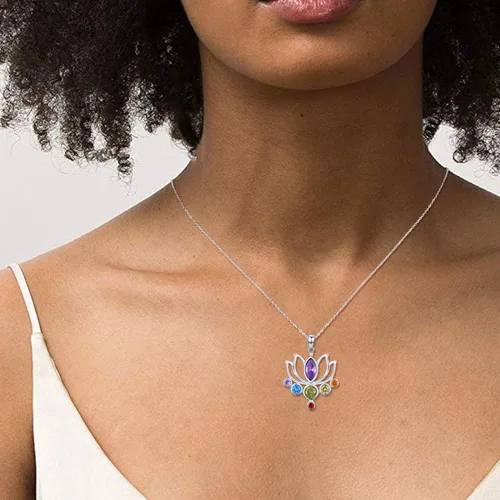 Vista 4 de TANGPOET Chakra Necklace Sterling Silver Lotus Pendant Necklace Healing Crystal Dragonfly Jewelry Birthday Christmas Gifts for Women Mom Daughter