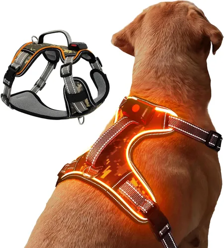 Vista 10 de Arnés para perro con luz LED para caminar de forma segura por la noche, chaleco de malla suave que brilla en la oscuridad, chaleco para perros