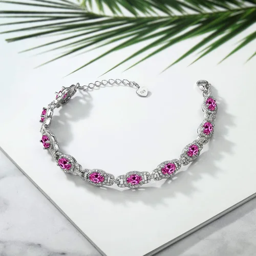 Vista 4 de Gem Stone King Pulsera de tenis de plata de ley 925 ovalada con zafiro creado en rosa para mujer