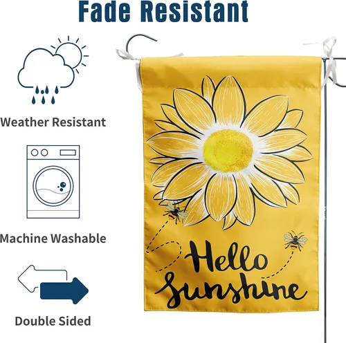 Vista 5 de Bandera de Jardín Hello Sunshine con Abeja y Girasol, Banderas de Jardín de Verano para Exteriores, Bandera de Flores Amarillas 12x18 pulgadas Doble