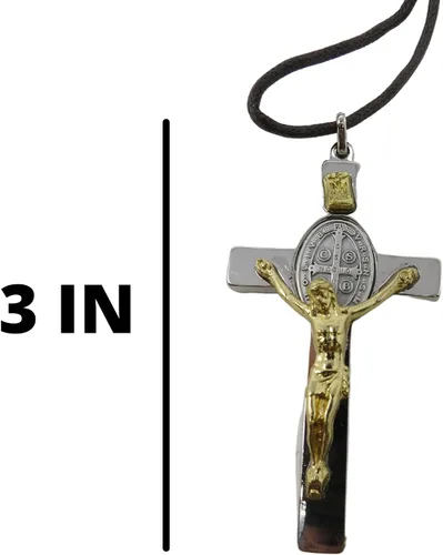Vista 3 de Colgante de crucifijo de San Benito en tono plateado y dorado con cordón marrón, collar católico para hombre, 3 pulgadas, Zinc, no conocido