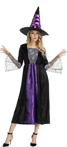 Vista 4 de Haorugut Disfraz de bruja para mujer, disfraz de bruja malvada, vestido de bruja