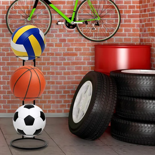 Vista 8 de QWORK Estante de almacenamiento para pelotas de baloncesto: diseño vertical de 3 niveles, montaje en pared o independiente, solución de ahorro