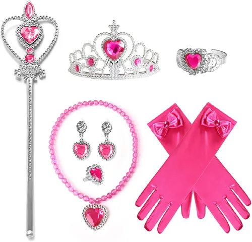 Vista 7 de Xinfenglai Disfraz de princesa rosa para niñas y niños con accesorios varitas mágicas, collares, coronas y guantes