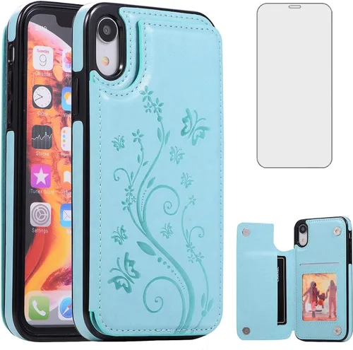 Vista 9 de Asuwish Funda para iPhone XR con protector de pantalla de vidrio templado, funda de cuero con soporte para tarjetas, doble cierre magnético y funda