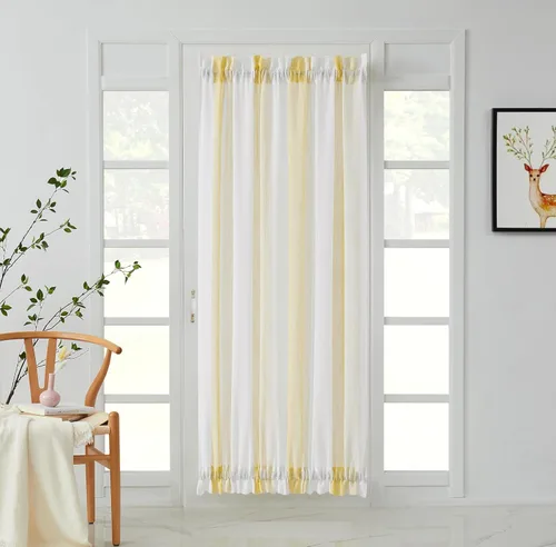 Vista 16 de Central Park Cortinas Transparentes de Rayas Beige y Blancas Estilo Granja de Lino Bouclé, Pares de Paneles de Cortina de Ventana Tejidos con Hilo