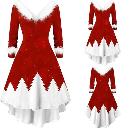 Vista 2 de TWGONE Vestido de Navidad para mujer, cuello en V, felpa, cuello en V, caricatura, festival, cóctel, vacaciones, fiesta, vestido acampanado